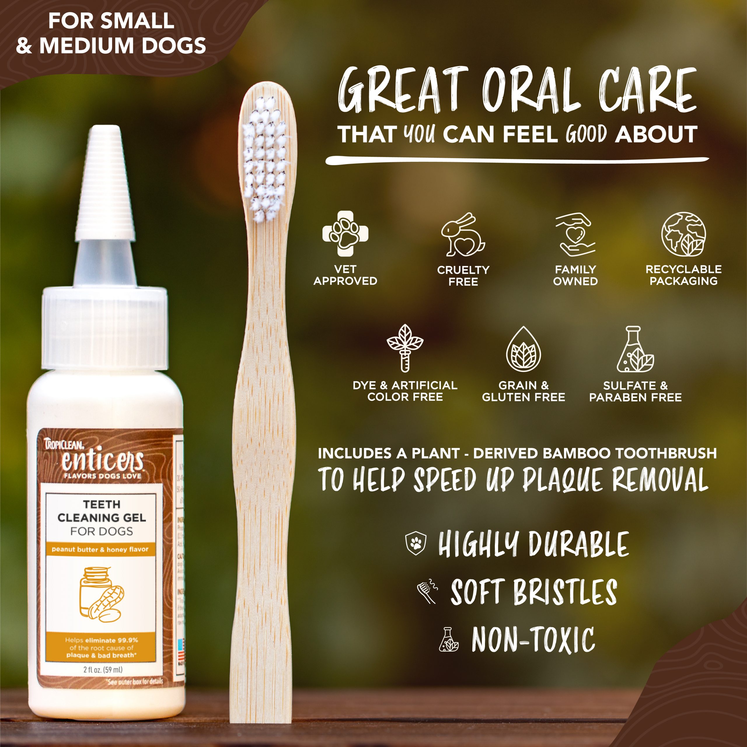 Teeth Cleaning Gel & Toothbrush for Small/Medium Dogs – Peanut Butter & Honey Flavor