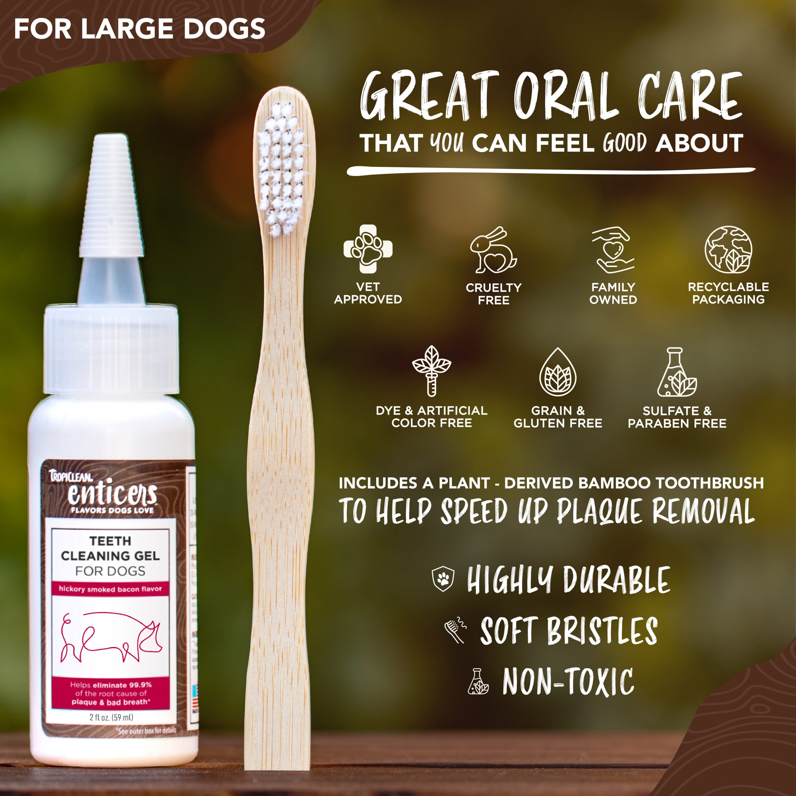 Teeth Cleaning Gel & Toothbrush for Large Dogs – Hickory Smoked Bacon Flavor