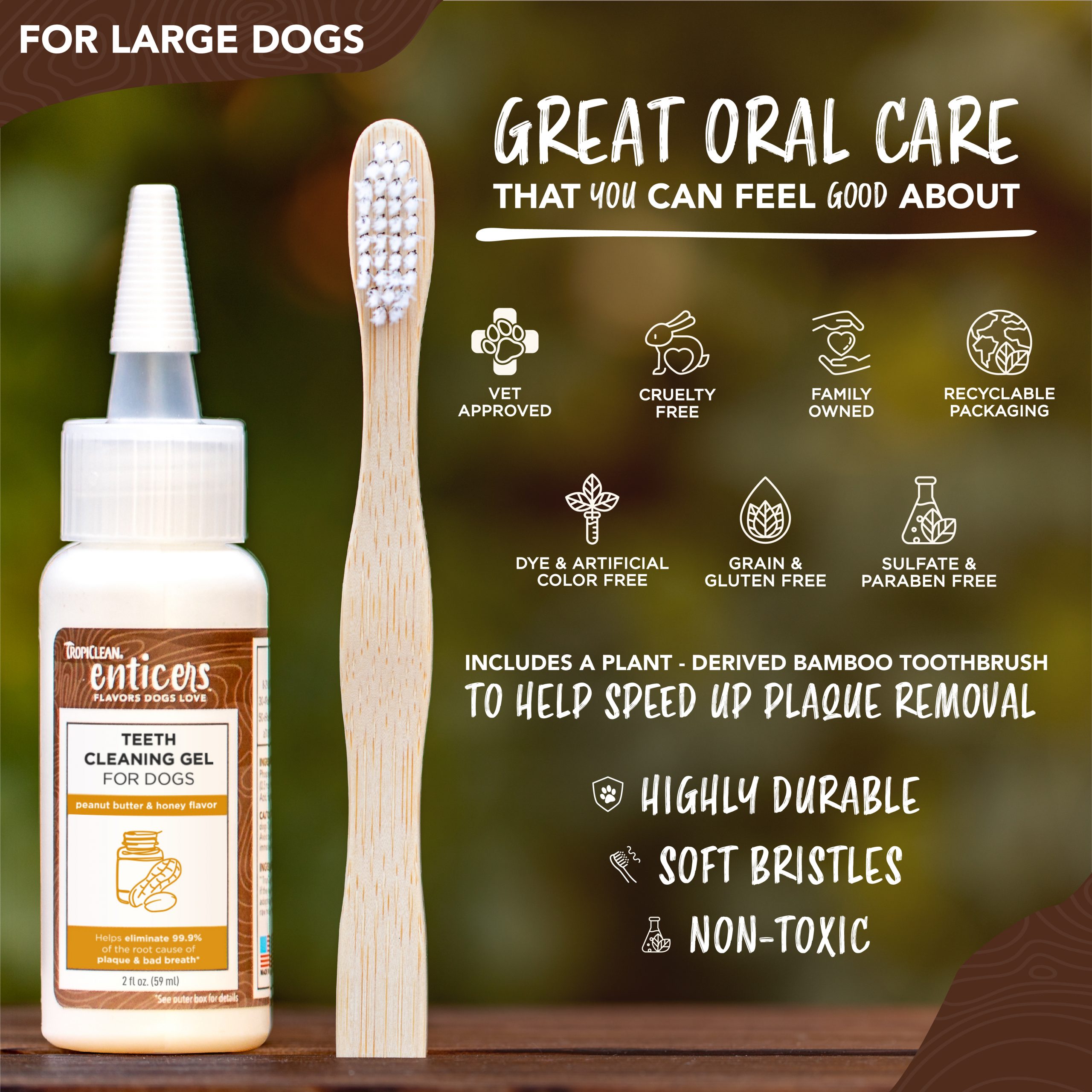 Teeth Cleaning Gel & Toothbrush for Large Dogs – Peanut Butter & Honey Flavor